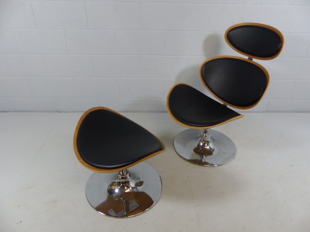 Mid Century style designer chair and footstool. Three piece chair with curved back and seat on a