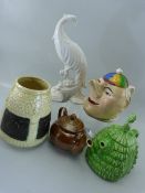 Devonmoor pottery comical jug, Sadler lady teapot, Brown glazed teapot and two other pieces