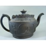 Unusual antique cast metal teapot. Grecian scenes set in pillars, leading to the lid decorated