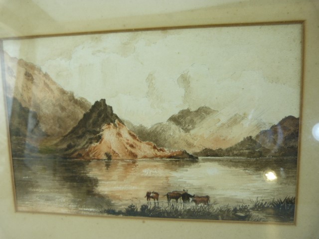 19th Century watercolour of Highland cattle amongst a lake with Hills in the Background. Unsigned. - Image 2 of 3