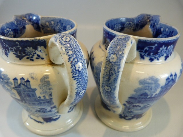 Pearlware - a pair of Antique c. 1825 transfer blue and white pouring jugs - printed with - Image 7 of 11