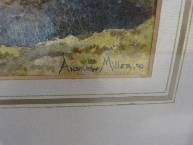 Andrew Miller - 1990 Watercolour of a Landscape with a man fishing. - Image 4 of 4