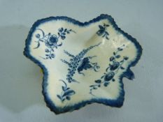Early Worcester leaf shaped Pickle dish in blue and White with Crescent mark to base. 9cm long