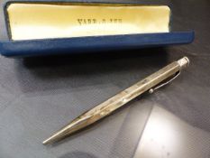 Hallmarked silver Yard-O-Led pencil by Johnson, Mathey & Co London, 1941. Some slight damage to