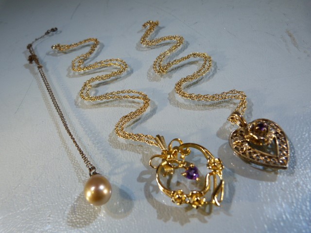 3 x Silver Pendant s on chains (1) Unmarked chain and faux drop Pearl. (2) Gold on 925 silver 18”