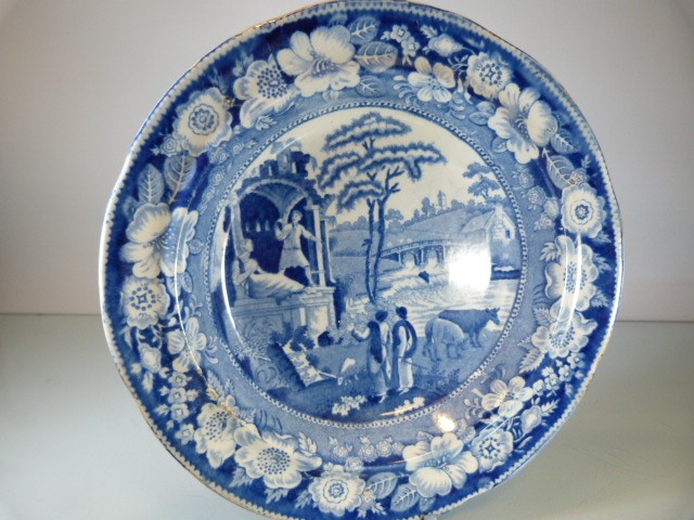 Staffordshire Pottery Blue and White pearl ware jug decorated with scenes of Royal Gardens along - Image 3 of 13