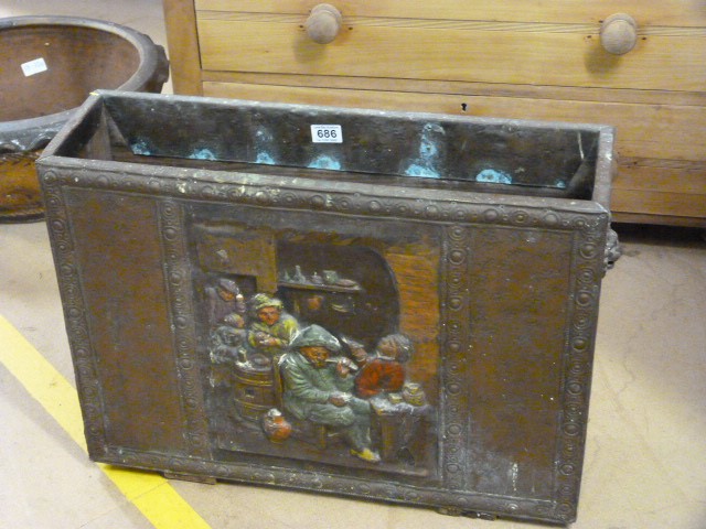 19th century Copper walking stick & umbrella stand with painted tavern scene to front.
