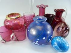 Cranberry Glassware - to include Jugs and small cups. Also to include a Maltese glass bud vase