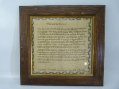 19th Century sampler showing 'The Lords Prayer' by Caroline Tovey September 20th 1838 Aged 10