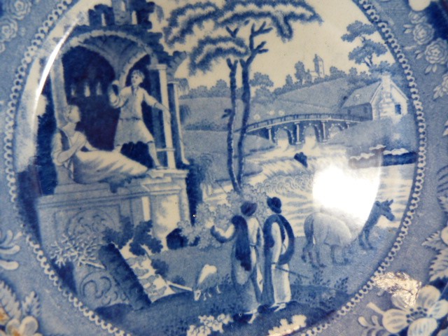 Staffordshire Pottery Blue and White pearl ware jug decorated with scenes of Royal Gardens along - Image 4 of 13
