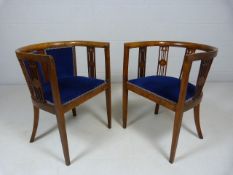 Pair of Mahogany framed blue velvet upholstered open arm Tub chairs