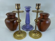 Ault - blue glazed candlestick - along with a pair of brass similar sticks and a pair of turned