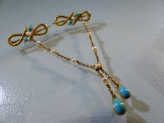 Gold (possibly 18ct) Turquoise and Seed Pearl double brooch, with a delicate chain between them