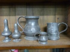 Pair of 18th Century pewter pepper pots along with a collection of Victorian measures
