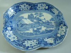 Rogers 19th century Pearlware Blue and White Meat platter of small form depicting Fallowed Deer.