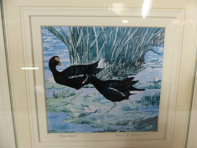 'Owls' framed Watercolour signed by Trevor Beer and 'Moor-Hens' framed Batik by Anne. A Bologna (2) - Image 3 of 5