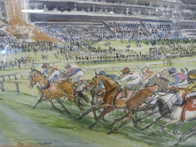 Watercolour and pen of horses racing 'The Pacemaker signed Mark Huskinson? 1986/8 - Image 3 of 7