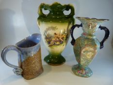 Verde ground oriental style English vase - missing cover, French style green ground vase and a