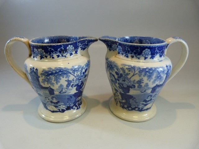 Pearlware - a pair of Antique c. 1825 transfer blue and white pouring jugs - printed with - Image 10 of 11