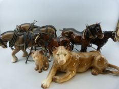 Beswick Shire Horse, Two Melba Ware Ponies and Two Melba Ware shires along with Melba lion and her