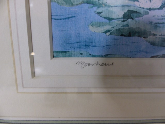 'Owls' framed Watercolour signed by Trevor Beer and 'Moor-Hens' framed Batik by Anne. A Bologna (2) - Image 5 of 5