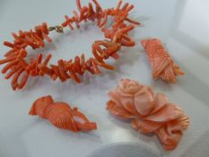 Small quantity of coral to include a necklace. Two Pieces carved into birds and one piece into