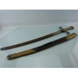 19th Century Military sword with leather and brass Scabbard marked MT25 to handle and scabbard.