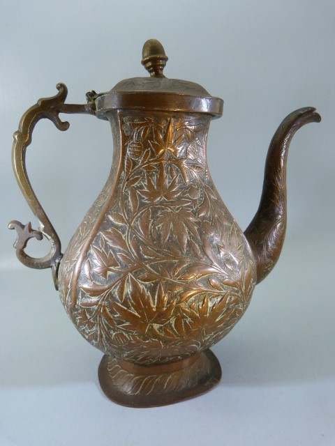 Brass and copper Teapot - possibly oriental with Acanthus leaf decoration