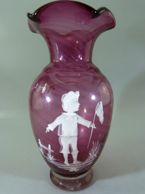 Victorian flared top cranberry glass vase with spiralled trailing white glass throughout. Painted
