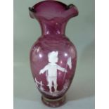 Victorian flared top cranberry glass vase with spiralled trailing white glass throughout. Painted