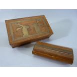 Modern turned wooden snuff box inlaid with brass and a small trinket box inlaid with Stag heads.