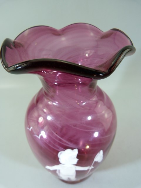 Victorian flared top cranberry glass vase with spiralled trailing white glass throughout. Painted - Image 2 of 6