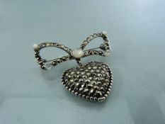 Heart shaped silver brooch set with marcasite and moonstone