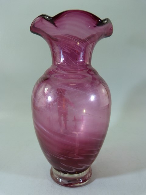 Victorian flared top cranberry glass vase with spiralled trailing white glass throughout. Painted - Image 4 of 6
