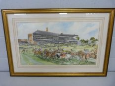 Watercolour and pen of horses racing 'The Pacemaker signed Mark Huskinson? 1986/8