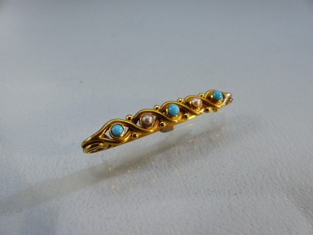 Gold (possibly 18ct) Turquoise and Seed Pearl bar brooch