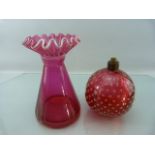 Whitefriars style controlled bubble lamp base and a crimped triangular glass vase. Both in Ruby