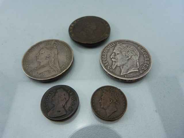 Five Coins: Napoleon III 5 franc 1867; Victoria Crown 1890; Britannia 1736; George IV 1826 and a