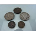 Five Coins: Napoleon III 5 franc 1867; Victoria Crown 1890; Britannia 1736; George IV 1826 and a