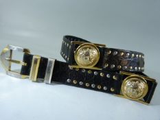 Rare early 90s Versace belt, black leather with gold and silver studs and medusa head buckles.