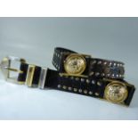 Rare early 90s Versace belt, black leather with gold and silver studs and medusa head buckles.