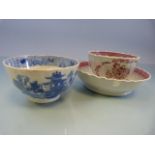 Pearlware Tea Bowl and saucer overglazed and painted. Along with a poss oriental blue and white