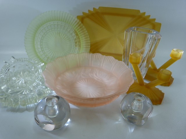 Art Deco glassware to include Orrefors candlesticks, Amber art Deco candle sticks and tray, and a