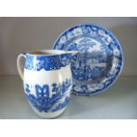 Staffordshire Pottery Blue and White pearl ware jug decorated with scenes of Royal Gardens along