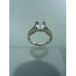 14K White Gold diamond shouldered and Cushion cut Aquamarine set ring approx size - M