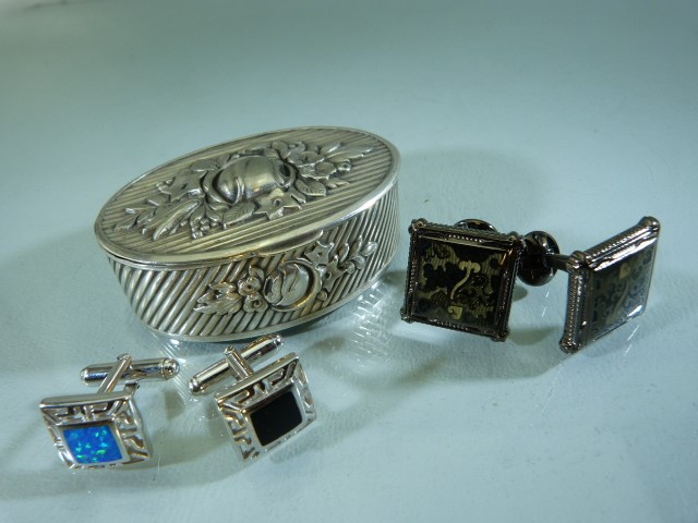 Continental silver pill box (approx weight) 35g along with various cufflinks