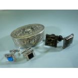 Continental silver pill box (approx weight) 35g along with various cufflinks
