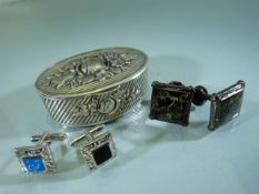 Continental silver pill box (approx weight) 35g along with various cufflinks