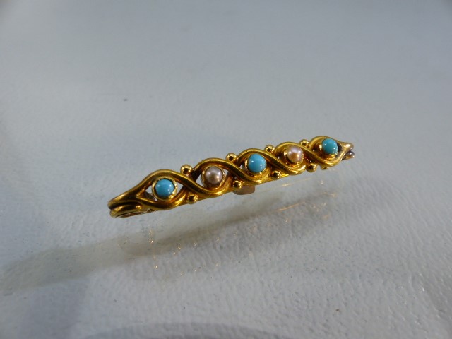 Gold (possibly 18ct) Turquoise and Seed Pearl bar brooch - Image 3 of 6