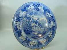 Pearlware blue and White cabinet plate ' British Scenery' Thatch cottage with castle